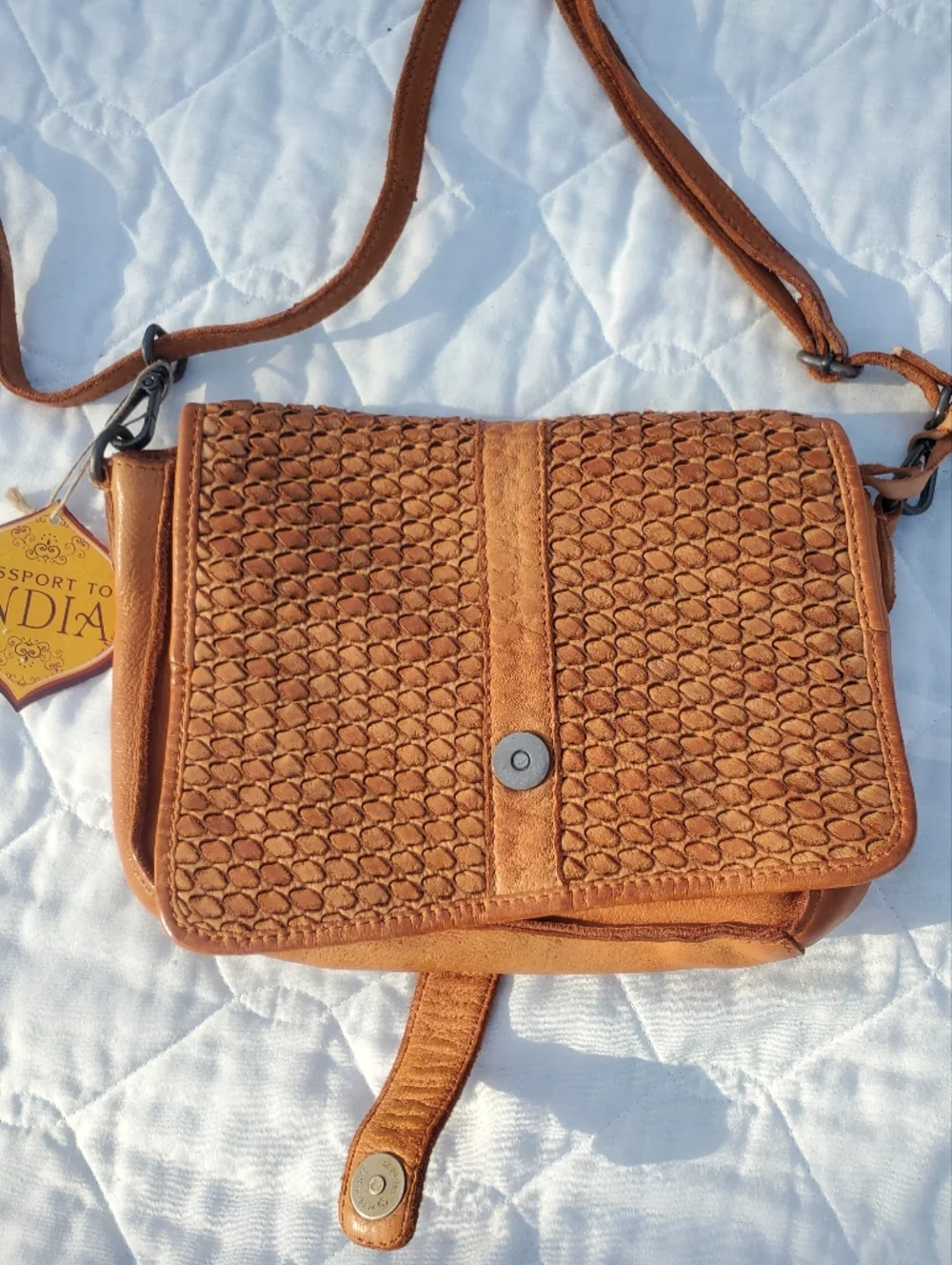 Tan Woven Leather Crossbody Bag - Passport To India - Picture 1 of 9